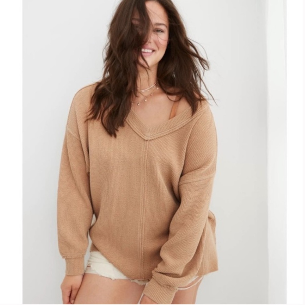 Aerie V-Neck Wonder Textured Sweatshirt in Tan size Small Oversized - Picture 1 of 4